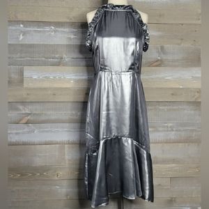 Who What Wear Sleeveless Halter Neck Ruffle Gunmetal Metallic Midi Dress
